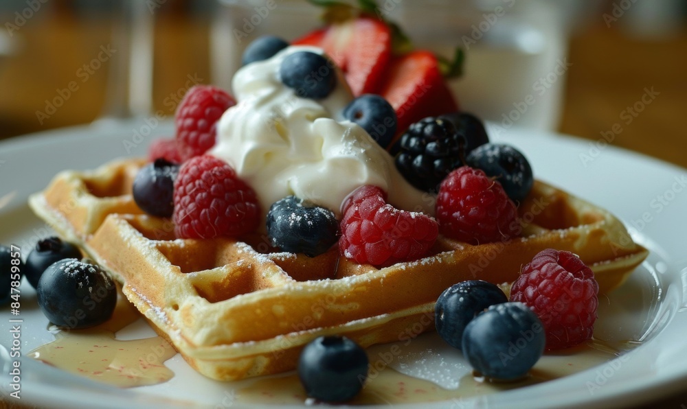 Delicious waffles topped with a dollop of creamy yogurt and a colorful assortment of fresh fruit, including strawberries, blueberries, and raspberries, on a white plate Delicious waffles topped with a dollop of creamy yogurt and a colorful assortment of fresh fruit, including strawberries, blueberries, and raspberries, on a white plate