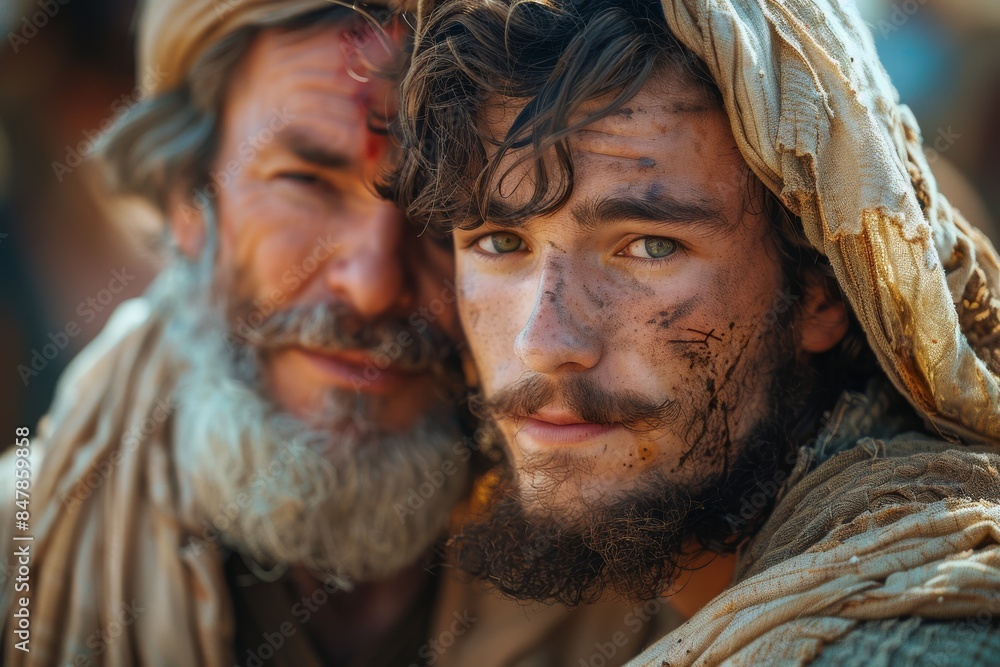 Father embracing his son, Bible story of the prodigal son. Father embracing his son, Bible story of the prodigal son.