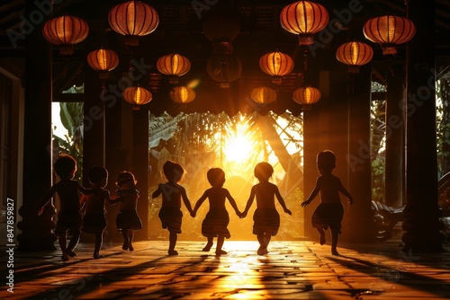 Children Running Towards the Setting Sun in a Lantern-Lit Courtyard