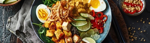 A colorful plate of Indonesian GadoGado with blanched vegetables, tofu, tempeh, boiled eggs, and a rich peanut sauce, garnished with crispy shallots and lime wedges