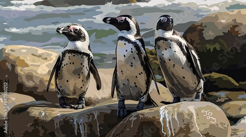 Penguins on Boulders Beach, Cape Town - Wildlife Scene with African Penguins in Natural Habitat