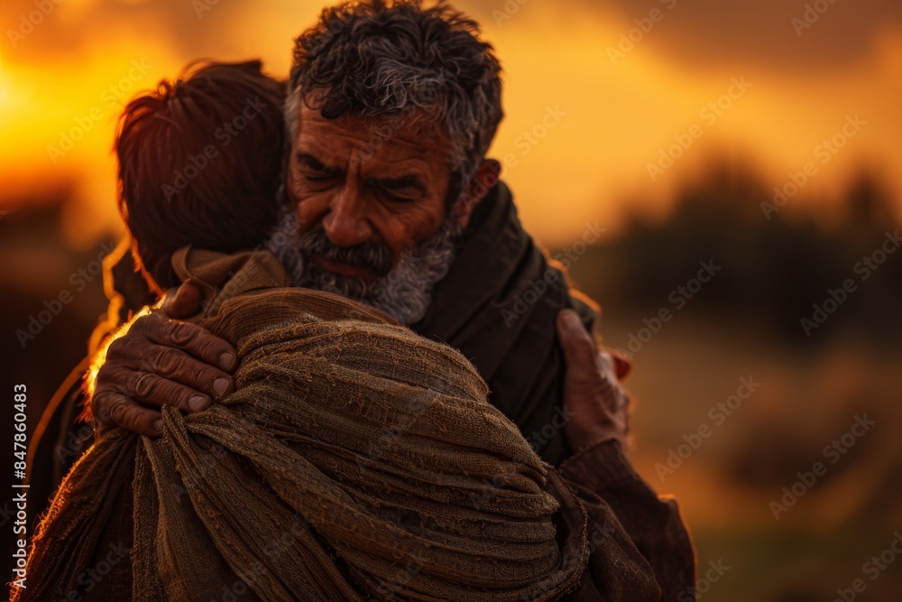 Father embracing his son, Bible story of the prodigal son. Father embracing his son, Bible story of the prodigal son.