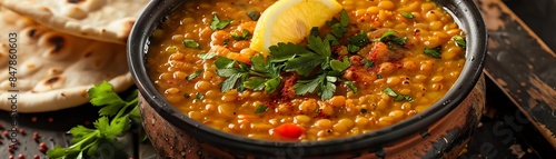 A delicious and hearty bowl of Turkish Lentil Soup with red lentils, carrots, and tomatoes, garnished with a squeeze of lemon and fresh parsley, served with warm pita bread photo