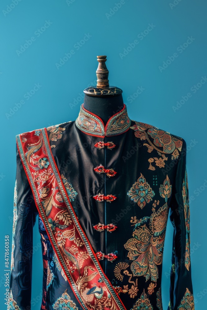 Elegant traditional Asian dress on a mannequin with intricate embroidery and vibrant colors against a blue background. Elegant traditional Asian dress on a mannequin with intricate embroidery and vibrant colors against a blue background.