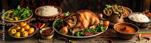A dramatic capture of a roasted guinea pig on a festive table, surrounded by traditional Andean decorations and side dishes, emphasizing the cultural significance of the meal photo