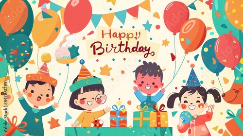 Birthday party illustration background with Happy birthday text. colorful balloon decorations and festive confetti banners. 