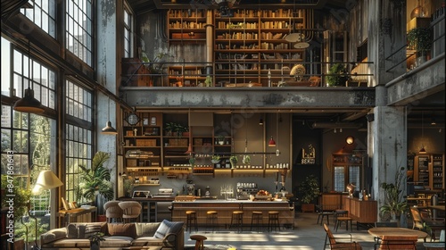 Some creative designs for the interior of the old factory building, including reading area, coffee bar. Generative AI.