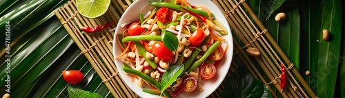 A fresh and vibrant Thai Green Papaya Salad served in a white bowl with cherry tomatoes, green beans, peanuts, and lime wedges on a bamboo mat with a backdrop of tropical leaves