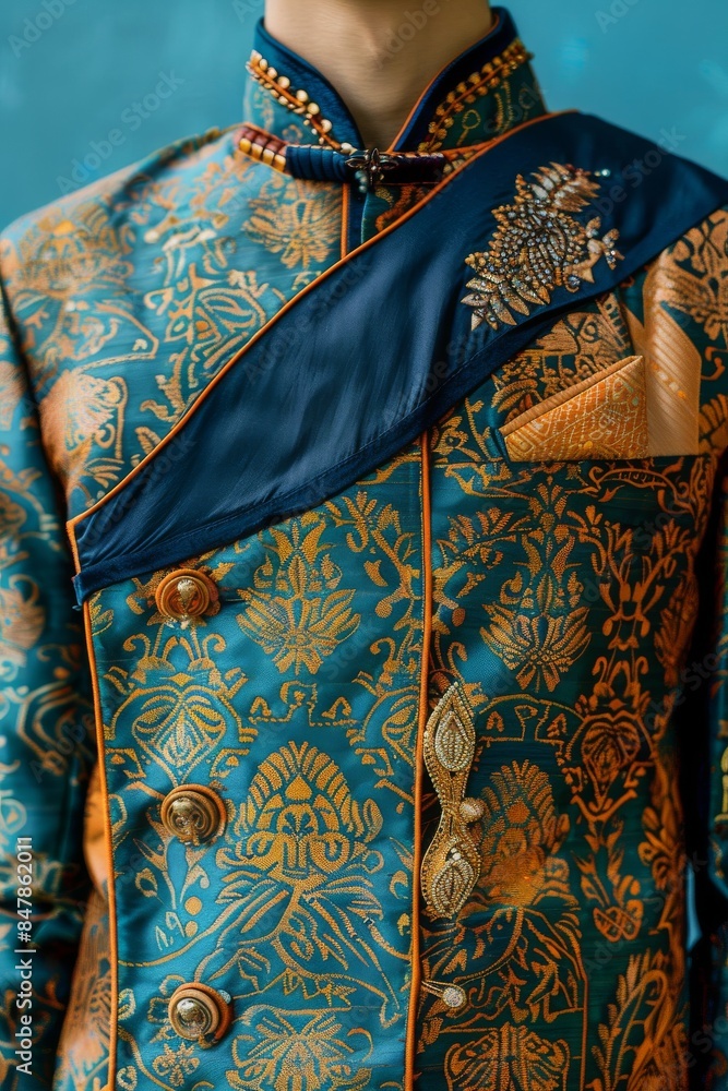 Elegant traditional Indian outfit with detailed embroidery in gold and blue tones, featuring cultural and festive design elements.