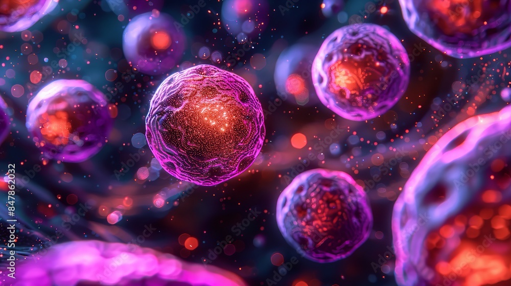 A close-up microscopic view of multiple cells, with purple outer membranes and orange nuclei A close-up microscopic view of multiple cells, with purple outer membranes and orange nuclei