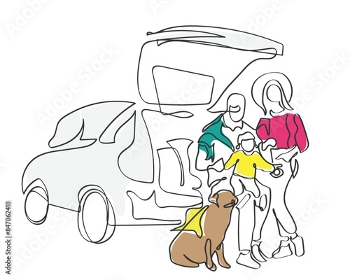 Hand drawn line art vector of a family on a road trip. A couple with their toddler and dog on road adventure concept.