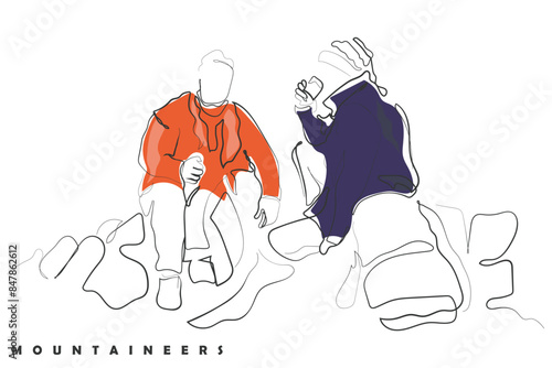 Hand drawn line art vector of two mountaineer sitting quietly having tea together on the top of a mountain.