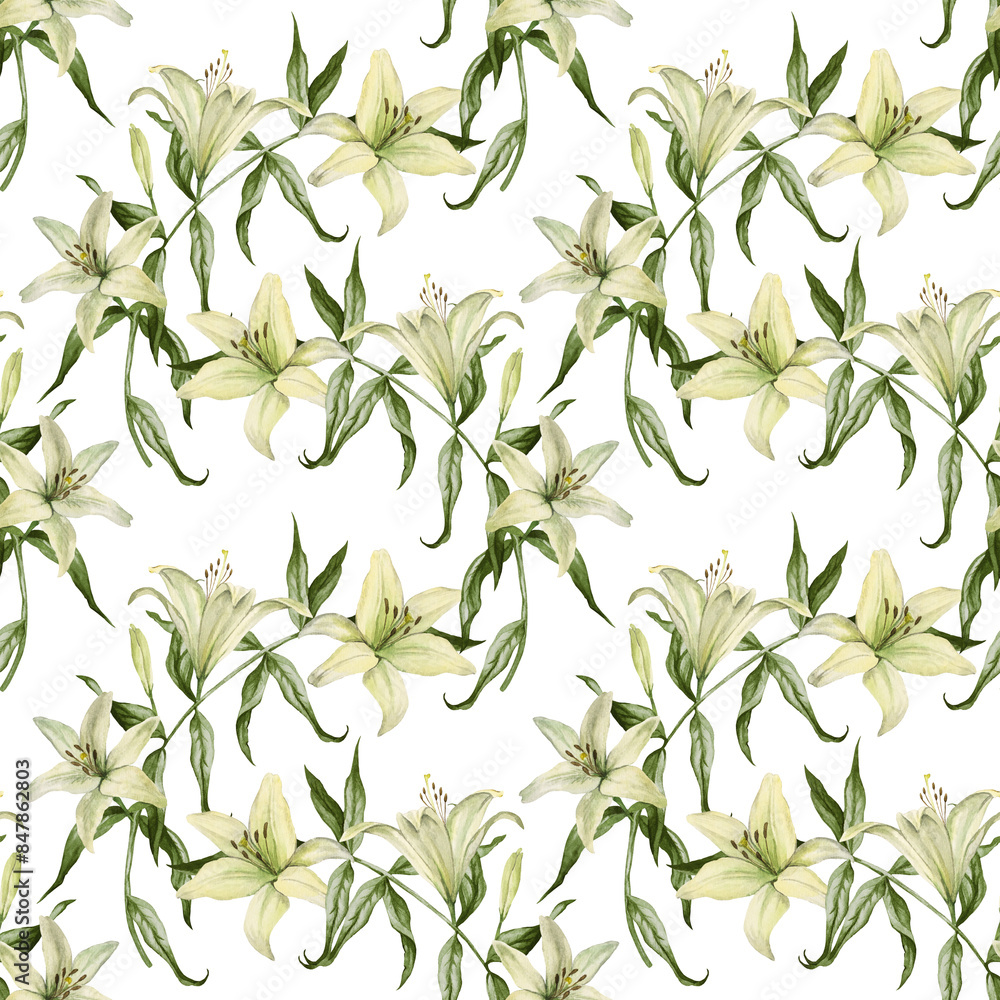 Beautiful pattern of drawn flowers, white lily, and green leaves isolated on a white background, a repeating pattern for textiles, scrap, design and decor. Beautiful pattern of drawn flowers, white lily, and green leaves isolated on a white background, a repeating pattern for textiles, scrap, design and decor.