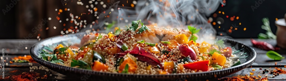 A picturesque plate of Tunisian couscous with fish, colorful vegetables, and a rich tomato sauce, served in a traditional dish, steam rising, bright daylight A picturesque plate of Tunisian couscous with fish, colorful vegetables, and a rich tomato sauce, served in a traditional dish, steam rising, bright daylight