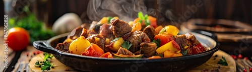 A picturesque plate of Namibian potjiekos with a rich stew of meat and vegetables, cooked in a cast iron pot, steam rising, rustic wooden table background, bright daylight photo