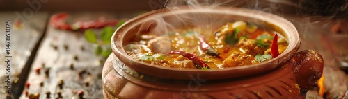 A picturesque serving of crocodile curry with native bush spices, served in a traditional clay pot, steam rising, rustic wooden table background, bright daylight photo