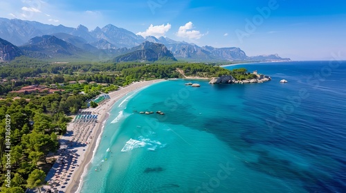 An aerial view of Moonlight Beach in Kemer, Antalya, Turkey, showcasing its beautiful turquoise colors. photo