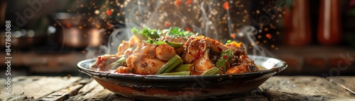 A picturesque serving of Angolan moamba de galinha with chicken, palm oil sauce, and okra, served in a traditional bowl, steam rising, rustic kitchen background, natural daylight photo