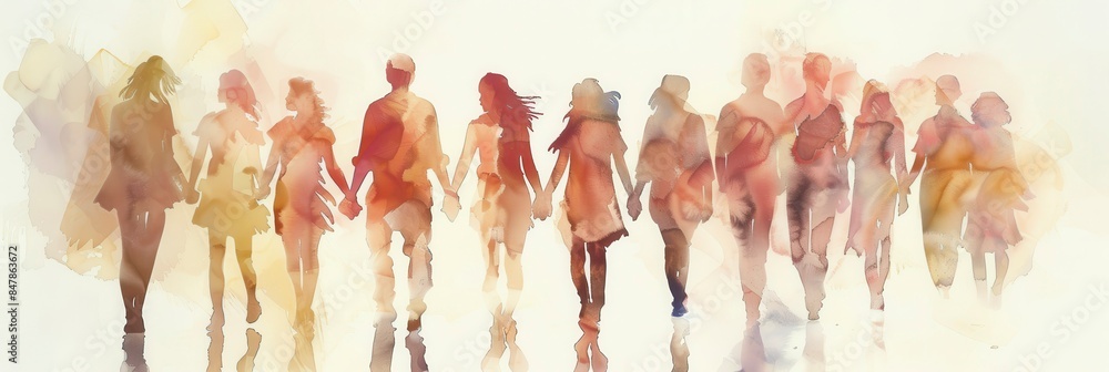watercolour painting of a group of peoples shape holding hands watercolour painting of a group of peoples shape holding hands