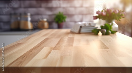 Wooden Kitchen Countertop with a Blurred Background