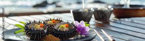 A quirky image of sea urchin gonads served in the shell, garnished with edible flowers, on a sleek, modern dining table with a seaside view photo