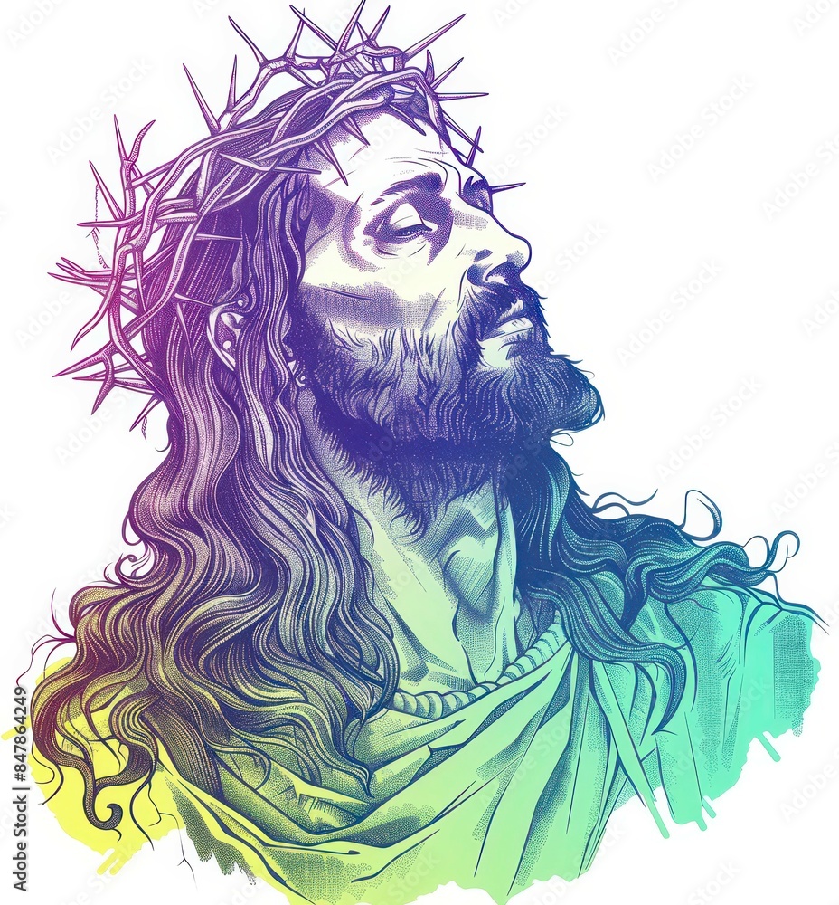 line art with sketch of jesus wearing crown thorns in blue and purple gradient colour on white background line art with sketch of jesus wearing crown thorns in blue and purple gradient colour on white background
