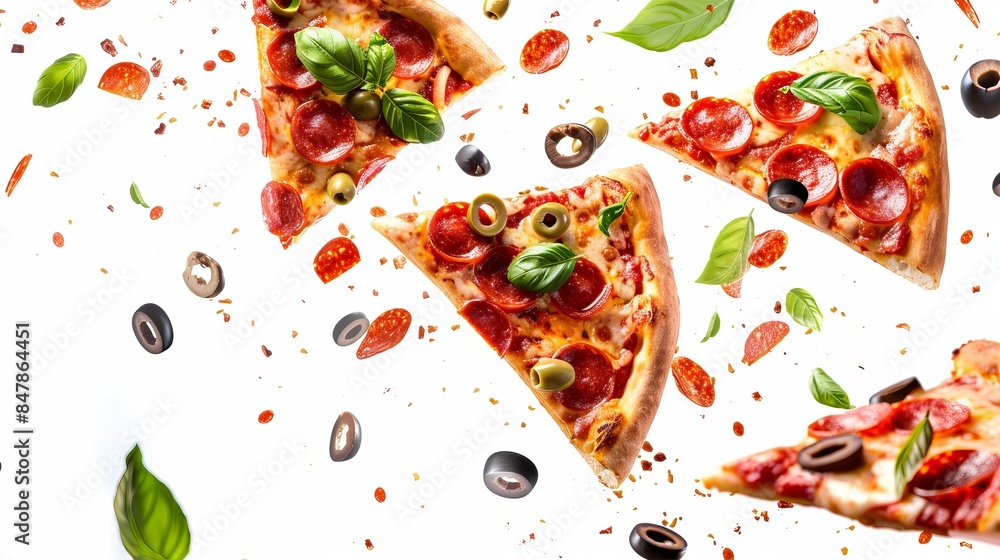 Flying pizza slices, isolated on a white background, featuring delicious pepperoni pizza slices with olives, melting cheese, and basil leaves. Flying pizza slices, isolated on a white background, featuring delicious pepperoni pizza slices with olives, melting cheese, and basil leaves.