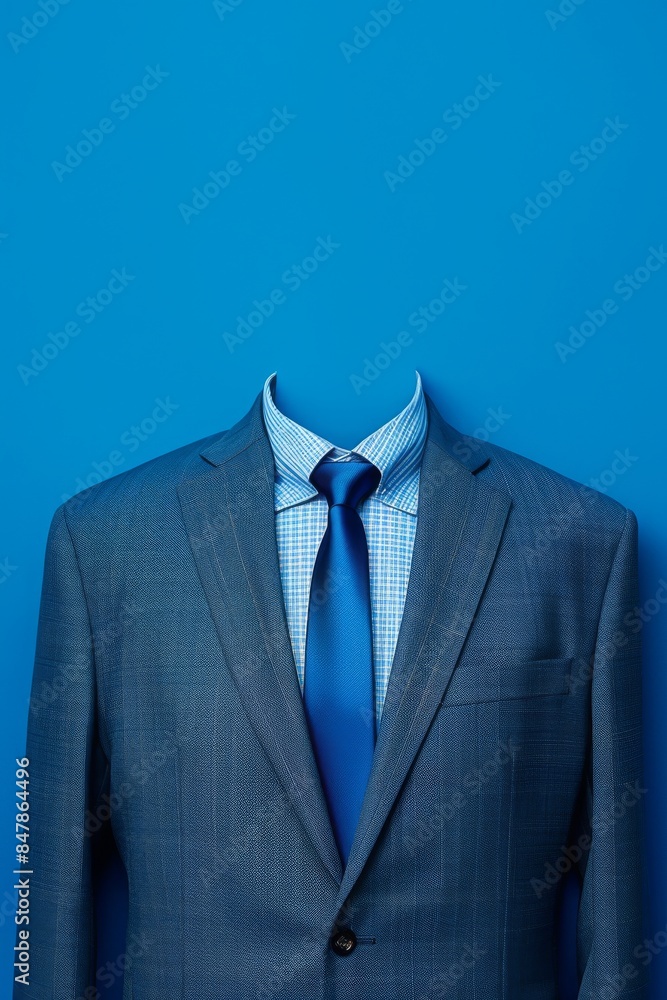 Headless business suit against blue background, symbolizing anonymity, corporate identity, or creativity in formal setting. Headless business suit against blue background, symbolizing anonymity, corporate identity, or creativity in formal setting.