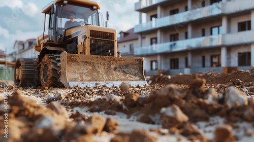 construction site with a focus on a bulldozer leveling the ground for a new building