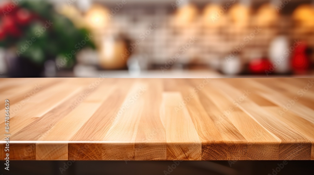 Wooden Tabletop with Blurred Background of a Kitchen