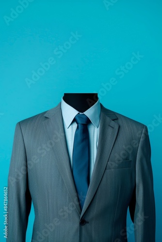 Headless mannequin dressed in a gray business suit and blue tie against a blue background, representing formal corporate attire.
