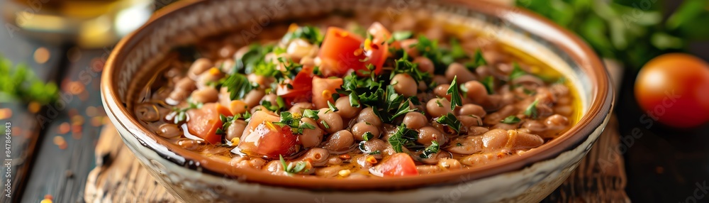 A richly textured bowl of Palestinian Ful Medames, garnished with chopped parsley, tomatoes, and a drizzle of olive oil, set on a rustic wooden table with warm, natural lighting A richly textured bowl of Palestinian Ful Medames, garnished with chopped parsley, tomatoes, and a drizzle of olive oil, set on a rustic wooden table with warm, natural lighting