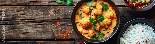 A topdown view of a bowl of Kadhi Pakora photo