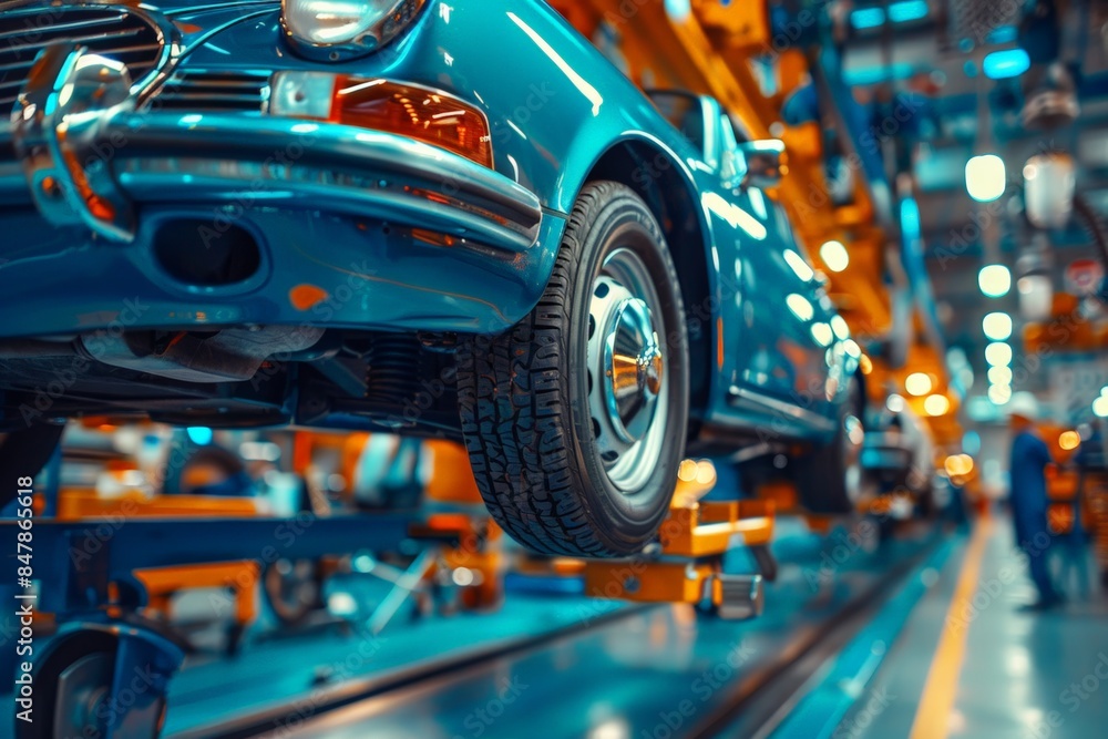 Fototapeta premium Car on hydraulic lift for undercarriage repair, Vintage blue car with shiny chrome hubcaps, hoisted up in a well-lit auto assembly line, reflecting meticulous maintenance or restoration.