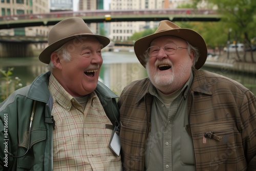 Two men wearing hats and smiling at the camera. One of them is wearing a green jacket. Scene is happy and lighthearted