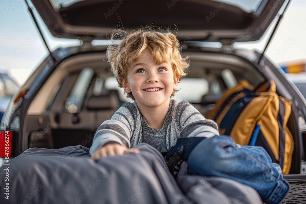 A cheerful child with curly hair lying down in a car's boot, looking excited for a trip A cheerful child with curly hair lying down in a car's boot, looking excited for a trip