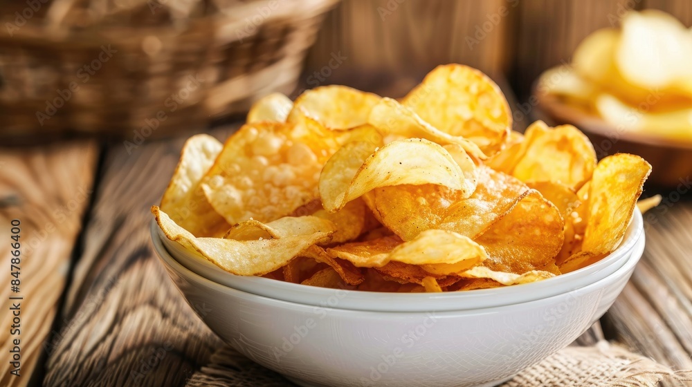 Potato chips served in a dish for snacking on a wooden surface Potato chips served in a dish for snacking on a wooden surface