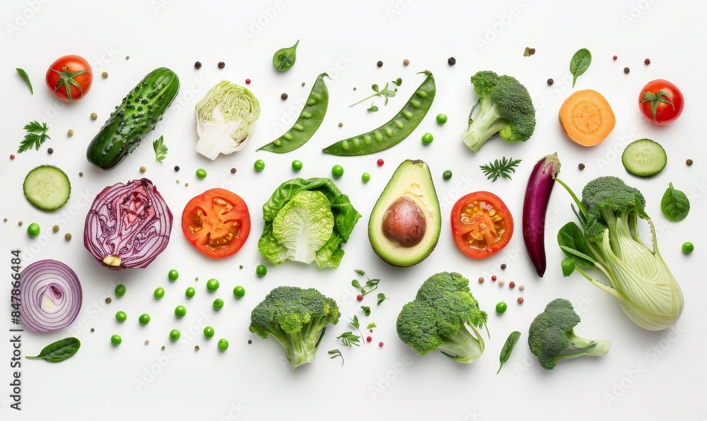 A colorful variety of fresh vegetables including avocado, broccoli, tomatoes, peas, red onion, and chili peppers displayed on a white background, ideal for illustrating healthy eating concepts A colorful variety of fresh vegetables including avocado, broccoli, tomatoes, peas, red onion, and chili peppers displayed on a white background, ideal for illustrating healthy eating concepts