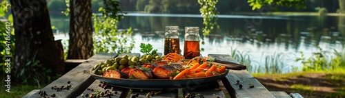 A vibrant plate of surstromming with traditional Swedish accompaniments, set on a picnic table by a picturesque lake, with lush greenery in the background photo