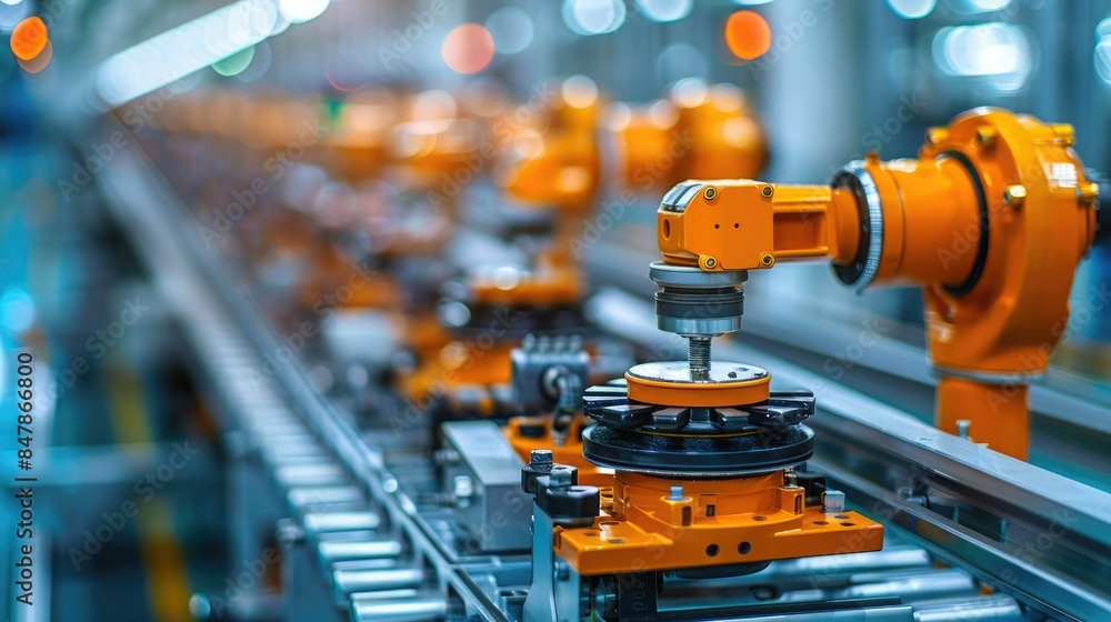 Automated robotic arms working on a production line in a modern factory, showcasing advanced industrial technology and manufacturing processes. Automated robotic arms working on a production line in a modern factory, showcasing advanced industrial technology and manufacturing processes.