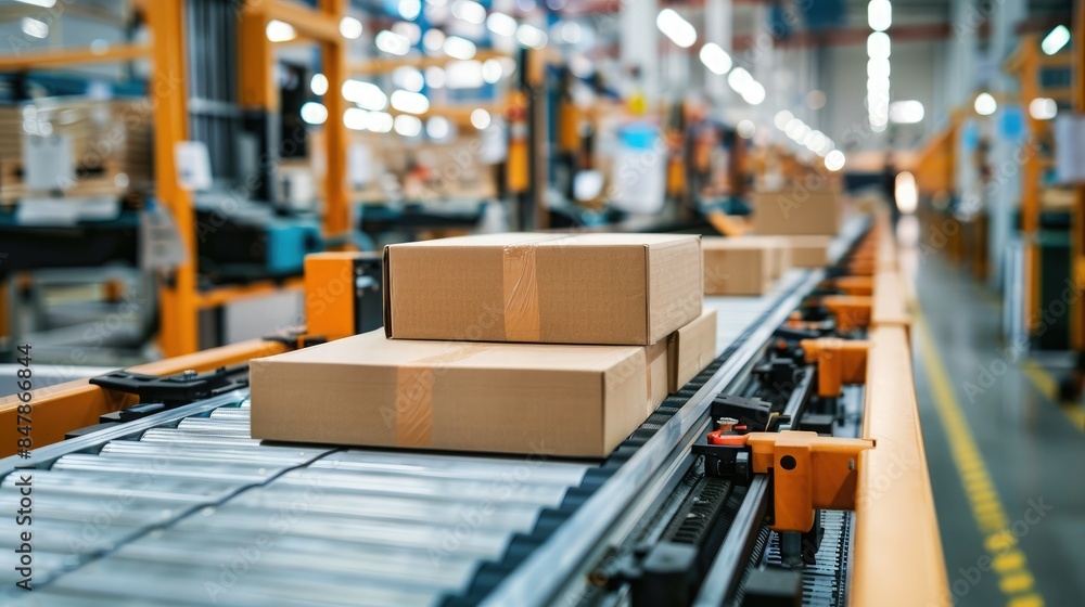 Boxes moving on a conveyor belt in a modern warehouse, showcasing automation and efficient logistics in a distribution center. Boxes moving on a conveyor belt in a modern warehouse, showcasing automation and efficient logistics in a distribution center.