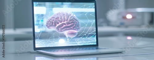 glowing brain shape in a laptop screen on white desk with modern lab background