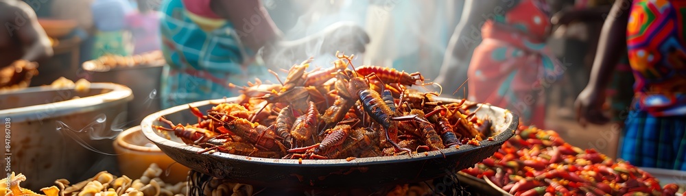 A vibrant scene of spicy fried locusts being served in a bustling African market, with colorful textiles and lively interactions in the background A vibrant scene of spicy fried locusts being served in a bustling African market, with colorful textiles and lively interactions in the background