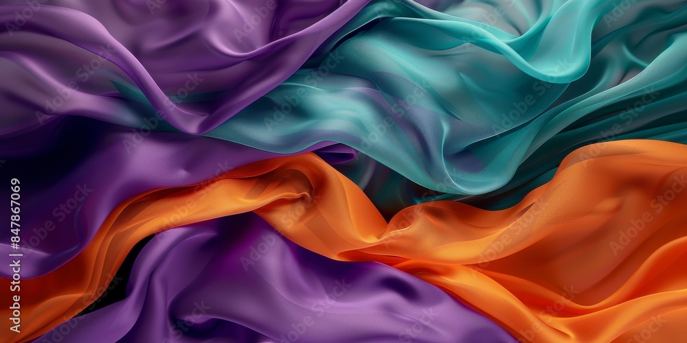 abstract background with flowing purple, teal and orange fabrics abstract background with flowing purple, teal and orange fabrics
