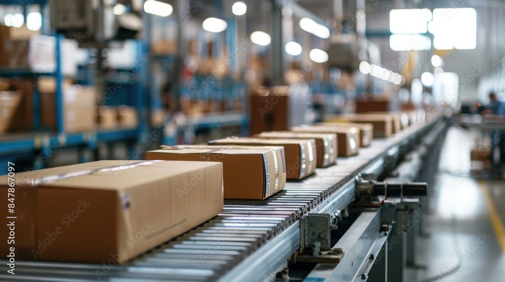 Conveyor belt with packages in a modern warehouse, illustrating automated logistics and efficient delivery processes. Conveyor belt with packages in a modern warehouse, illustrating automated logistics and efficient delivery processes.