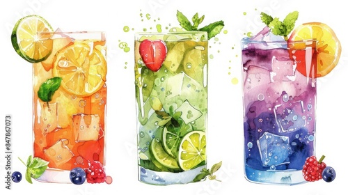 Colorful watercolor illustrations of refreshing summer drinks with fruits and ice cubes in three tall glasses. photo