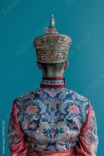 Intricate traditional Asian attire and ornate headpiece worn by a person, symbolizing cultural heritage, against a teal background. photo