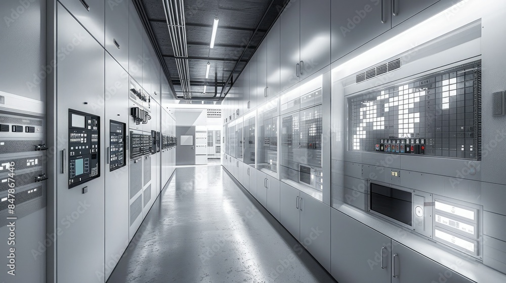 Obraz premium Modern data center corridor filled with advanced server equipment and control panels, showcasing high-tech infrastructure.
