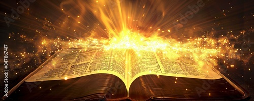 An open Bible with rays of golden light emanating from it