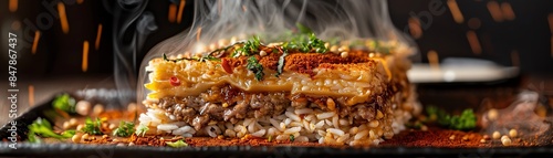 A visually stunning Egyptian fattah with layers of rice, bread, and meat, topped with garlic vinegar sauce, served in a traditional dish, natural daylight photo